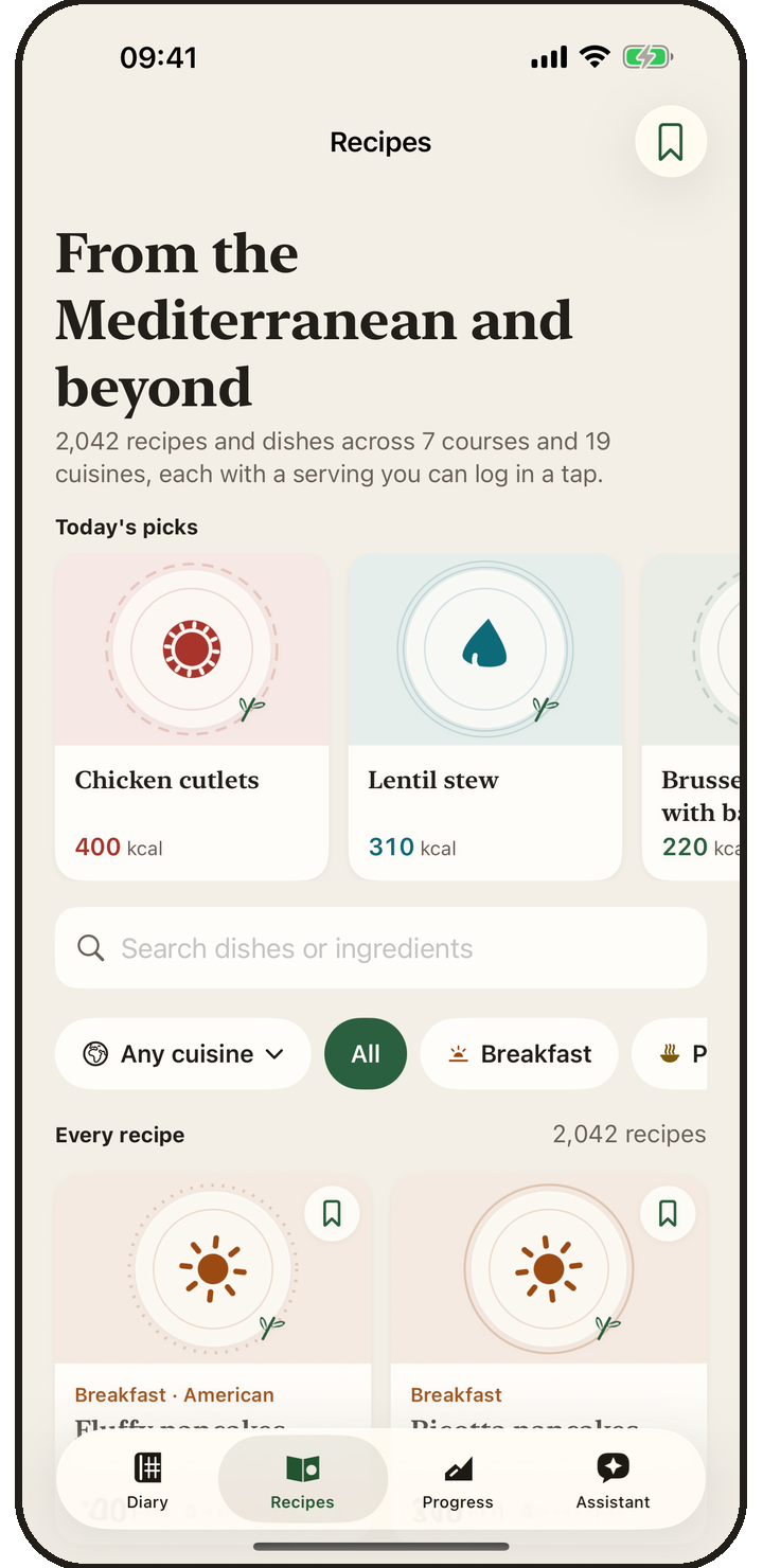 The recipes catalogue: a grid of dishes by course with their calories per serving.