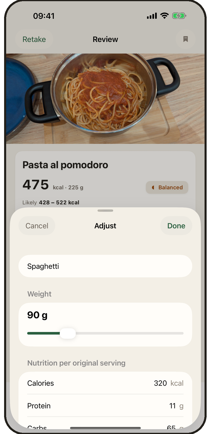 An ingredient opened for adjustment, with its name, amount and the portion controls.