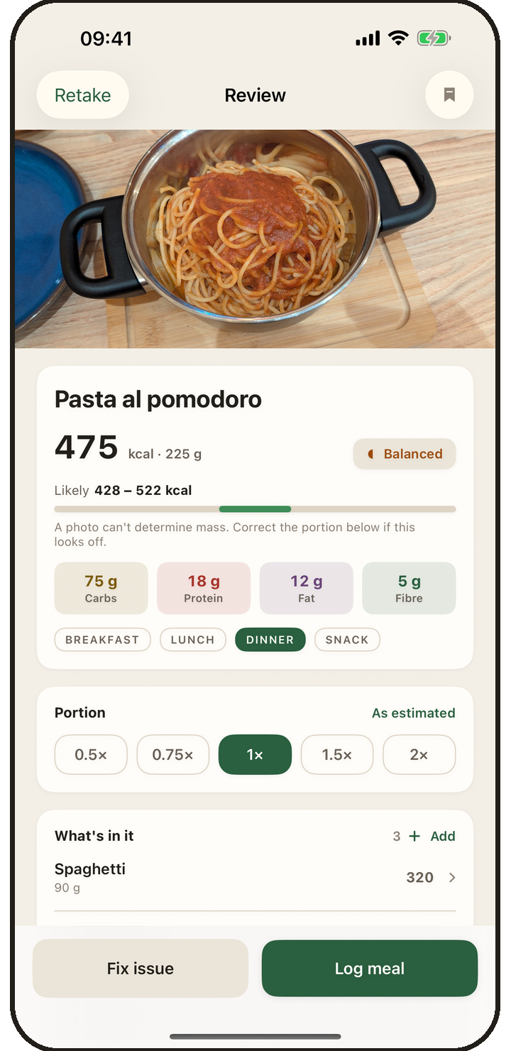 A scan result for pasta al pomodoro over its photo: three ingredients, a calorie figure with its likely range, and a save button.
